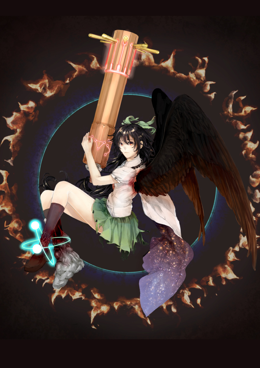 absurdres arm_cannon asymmetrical_clothes asymmetrical_clothing black_hair bow cape hair_bow highres large_wings long_hair mismatched_footwear morya red_eyes reiuji_utsuho smile solo touhou weapon wings