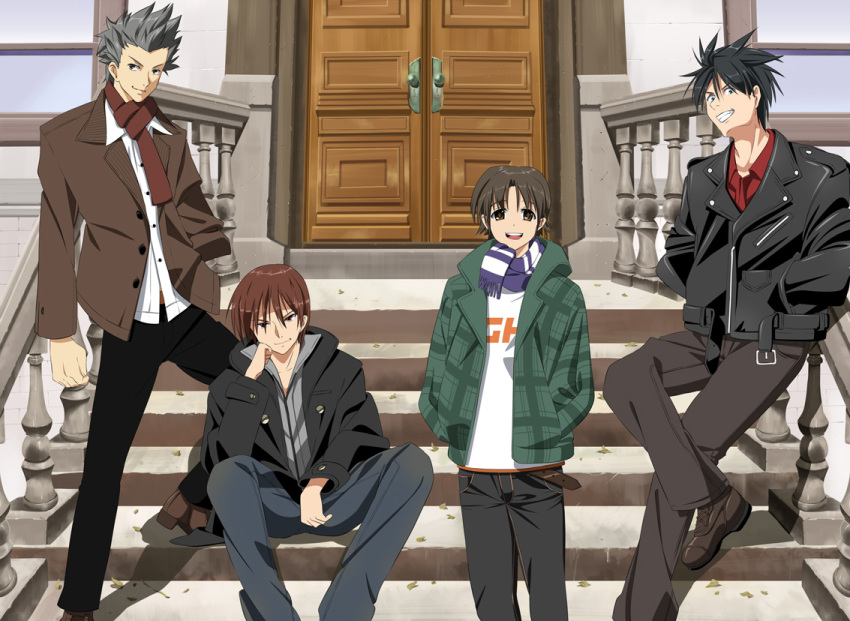 4boys black_hair brown_hair door grey_hair inohara_masato jacket k3_(dolphin_brain) little_busters!! male miyazawa_kengo multiple_boys naoe_riki natsume_kyousuke scarf short_hair spiked_hair spiky_hair stairs