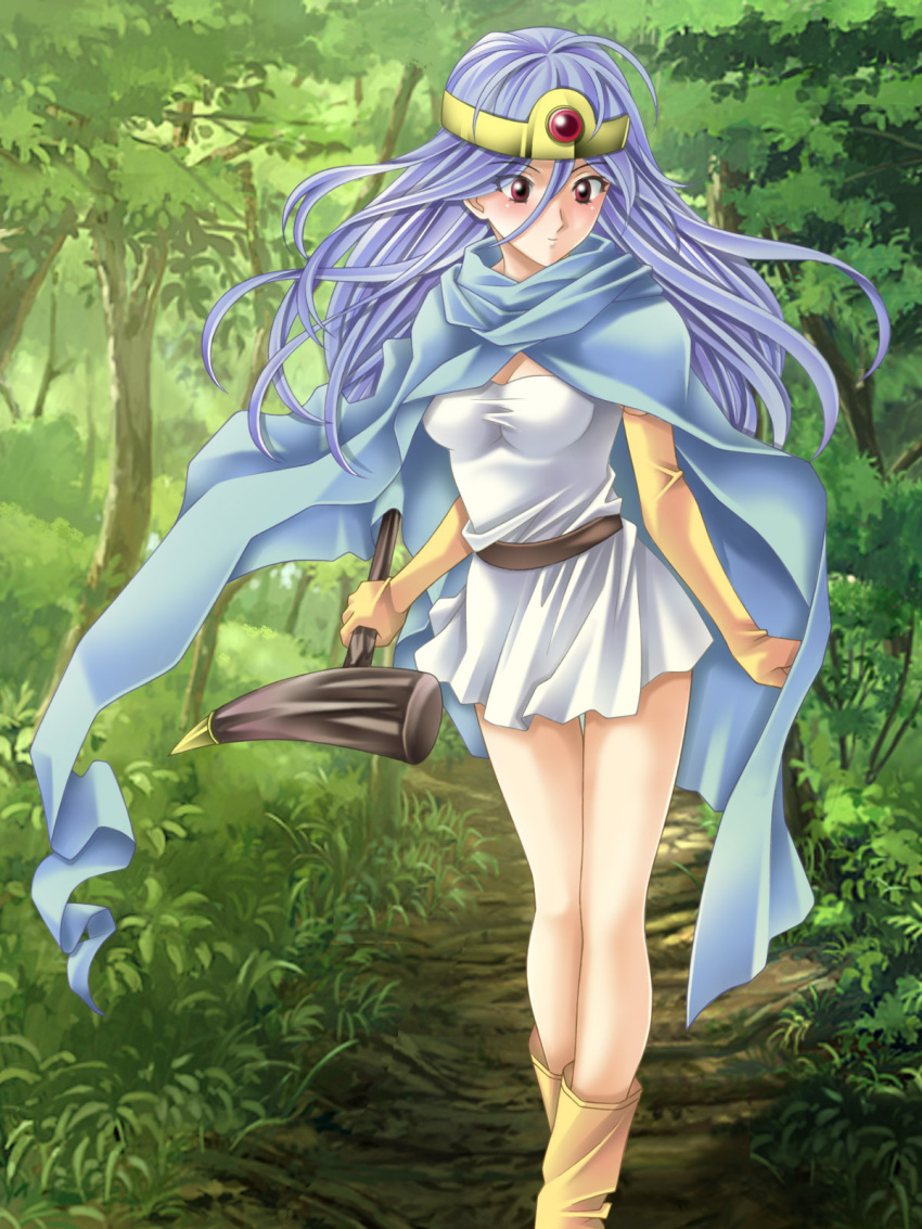 blue_hair boots cape circlet dragon_quest dragon_quest_iii dress forest highres long_hair nature red_eyes sage_(dq3) staff tamamon