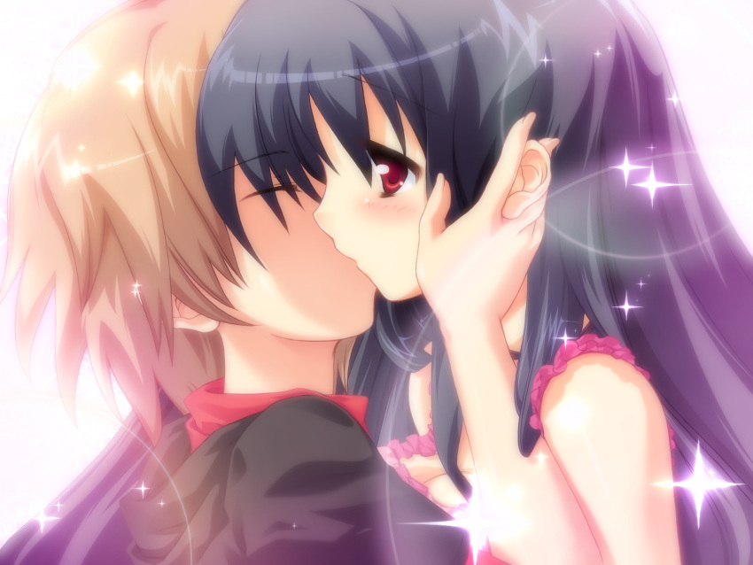 anekano black_hair game_cg kiss long_hair moo noyama_ringo noyama_sakura red_eyes