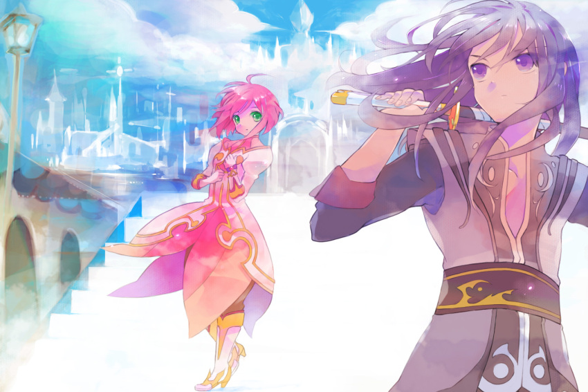 estellise_sidos_heurassein gloves green_eyes long_hair makino_(sinobusan) pink_hair purple_eyes short_hair sword tales_of_(series) tales_of_vesperia violet_eyes weapon yuri_lowell