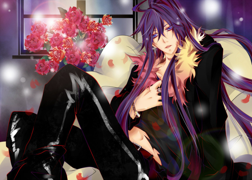 ahoge blue_eyes flower fur_collar kamui_gakupo male navel open_jacket petals ponytail purple_hair ring sitting very_long_hair vocaloid window