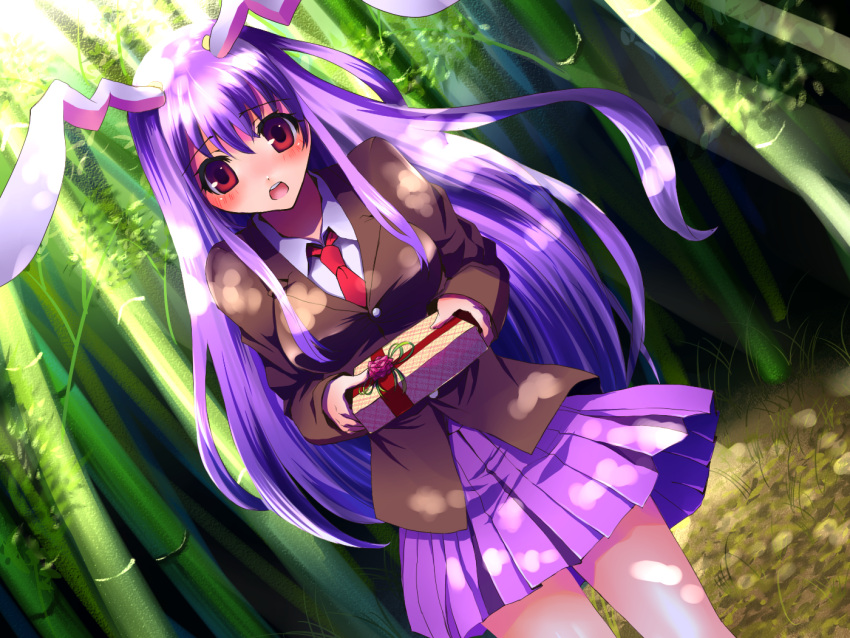 animal_ears bamboo bamboo_forest blazer blush bunny_ears dutch_angle forest gift holding holding_gift incoming_gift kobanzame long_hair nature necktie offering purple_hair red_eyes reisen_udongein_inaba skirt solo touhou valentine very_long_hair