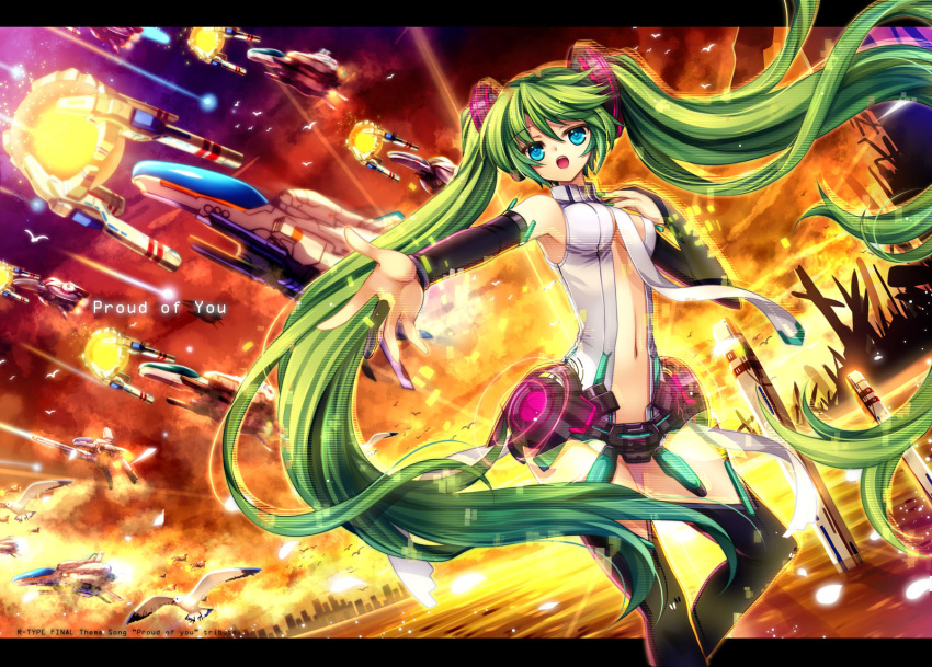 aircraft aqua_eyes arrowhead_(r-type) bird bridal_gauntlets capura_lin cloud clouds crossover force_(r-type) green_hair hatsune_miku hatsune_miku_(append) highres letterboxed long_hair miku_append missile navel necktie open_mouth operation_last_dance r-99_last_dancer r-9_arrowhead r-9a_arrowhead r-9d_shooting_star r-type r-type_final seagull solo space_craft starfighter sunset thighhighs twintails very_long_hair vocaloid vocaloid_append