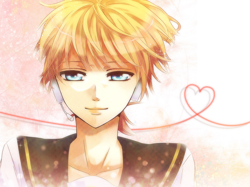 blonde_hair blue_eyes close collarbone headphones heart highres kagamine_len male sailor_collar short_hair smile vocaloid