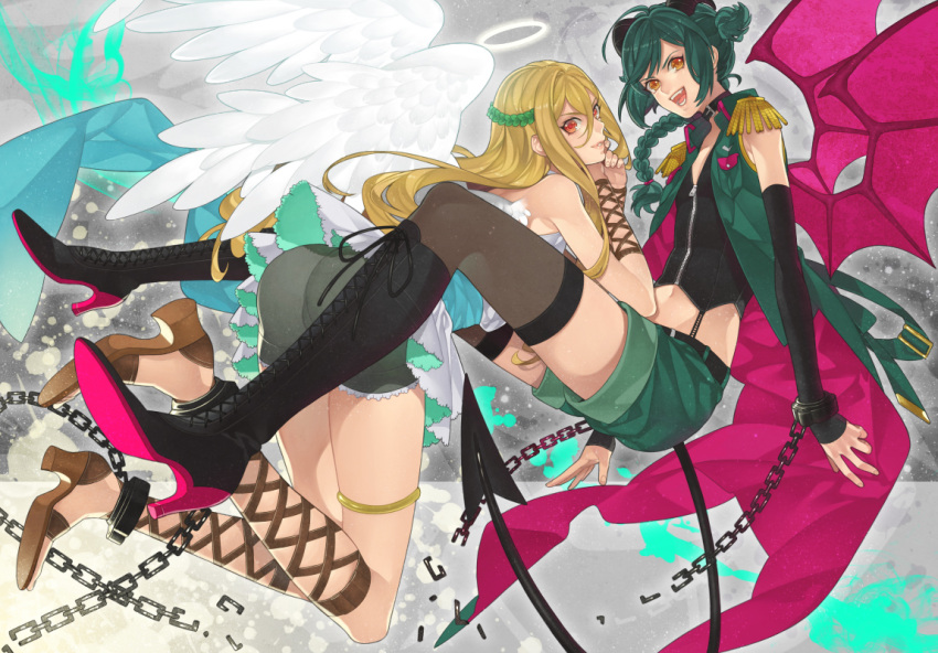 afuro_terumi ass blonde_hair boots braid demon_tail demon_wings green_hair high_heels horns inazuma_eleven inazuma_eleven_(series) jacket kinm knee_boots long_hair looking_back mistorene_callus multiple_boys off_shoulder red_eyes sandals shoes shorts tail thigh-highs thighhighs trap wings