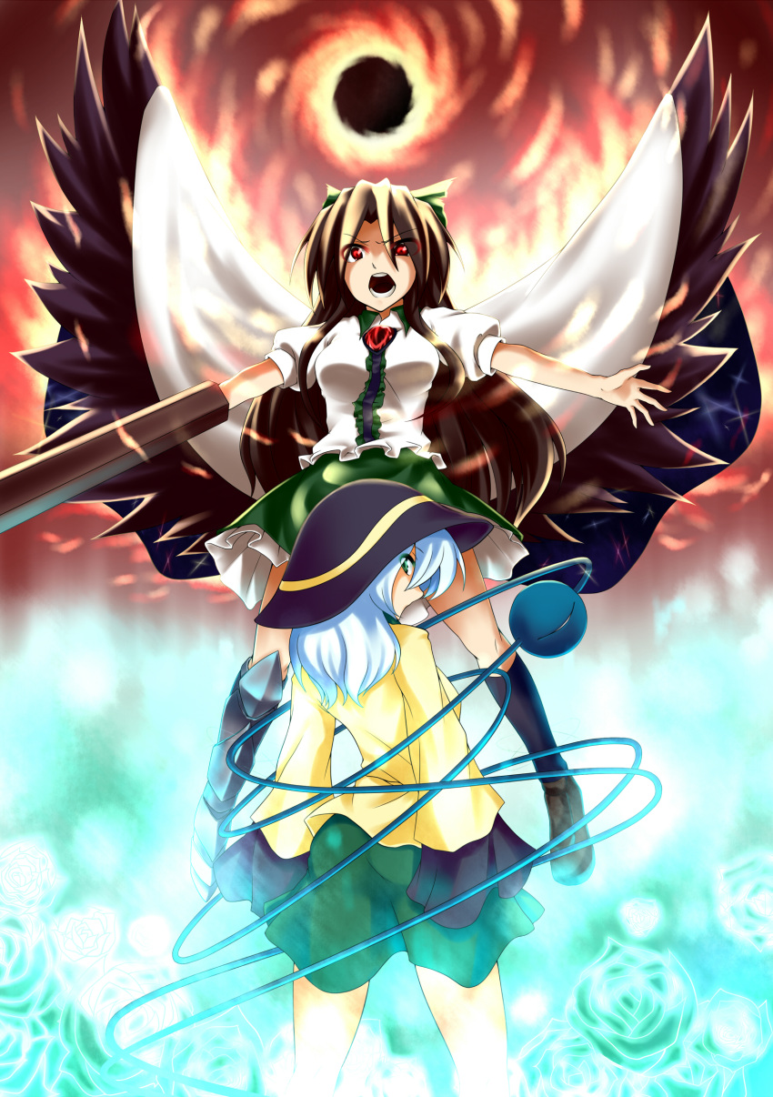 absurdres akudato arm_cannon asymmetrical_clothes asymmetrical_clothing black_hair blue_rose bow cape eyeball flower green_eyes hair_bow hat highres komeiji_koishi large_wings long_hair looking_back multiple_girls open_mouth outstretched_arms red_eyes reiuji_utsuho rose short_hair silver_hair spread_arms third_eye touhou weapon wings
