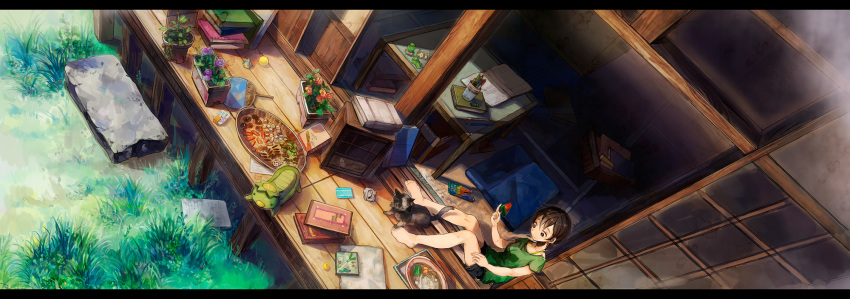 barefoot brown_hair cat dutch_angle fan from_above grass highres kappa letterboxed long_image neyagi original plant plush popsicle potted_plant scenery short_hair sitting solo veranda wide_image