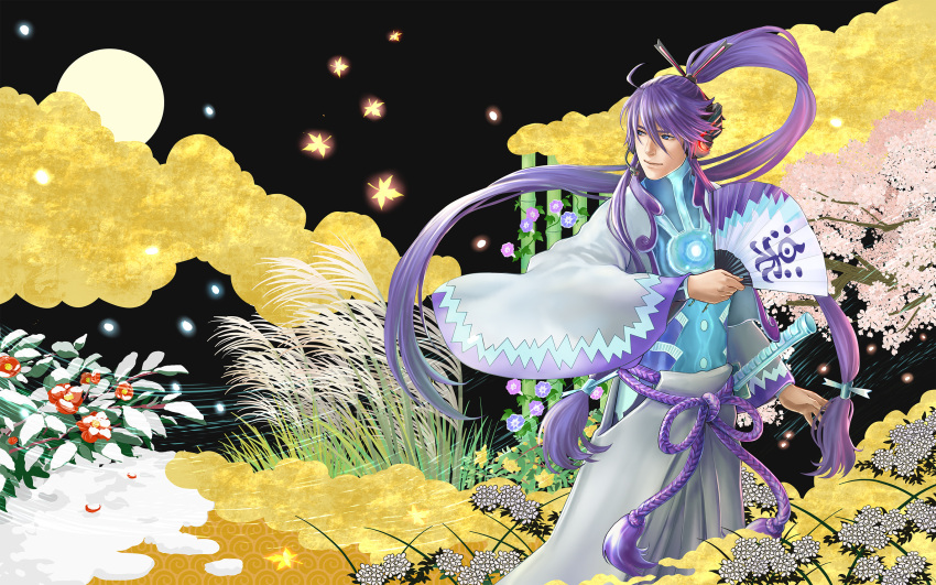 ahoge blue_eyes bodysuit clouds fan flower headphones highres japanese_clothes kamui_gakupo katana leaf looking_back male moon night ohse ponytail purple_hair sakura samurai smile snow sword very_long_hair vocaloid wide_sleeves wind