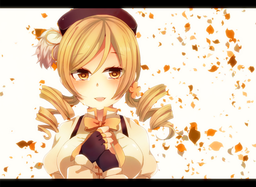 amnos18 bad_id beret blonde_hair breasts drill_hair fingerless_gloves gloves hair_ornament hat large_breasts letterboxed magical_girl mahou_shoujo_madoka_magica petals puffy_sleeves ribbon smile solo tears tomoe_mami yellow_eyes