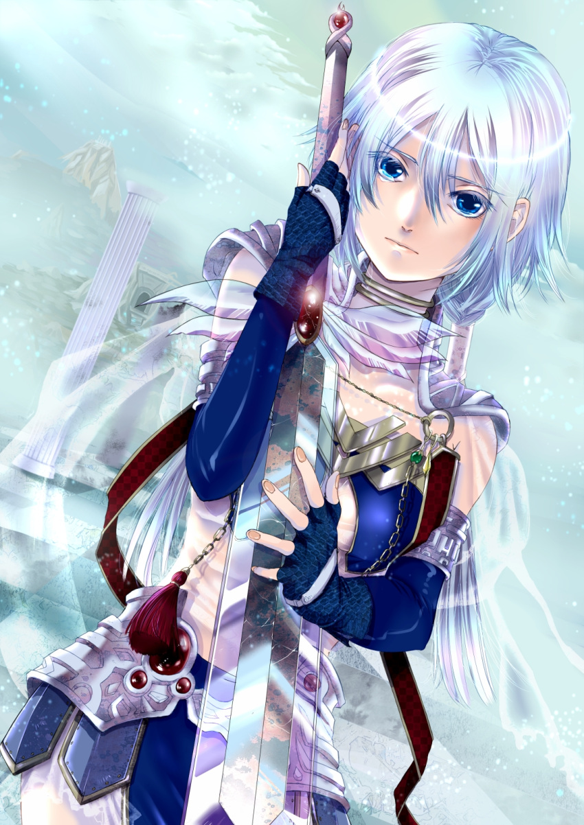 colored_eyelashes dutch_angle eyelashes fantasy fingerless_gloves gloves highres jewelry neck_ring original see-through short_hair silver_hair solo sword time-flies transparent_background weapon