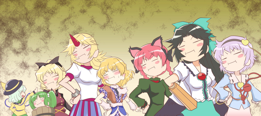 :t animal_ears arm_cannon blonde_hair blush_stickers bow braid bucket cat_ears closed_eyes crayon_shin-chan everyone hair_bow hat heartcatch_precure! highres horn hoshiguma_yuugi kaenbyou_rin kairakuen_umenoka kisume komeiji_koishi komeiji_satori kurodani_yamame long_hair mizuhashi_parsee multiple_girls parody precure reiuji_utsuho short_hair subterranean_animism third_eye tougall touhou twin_braids weapon