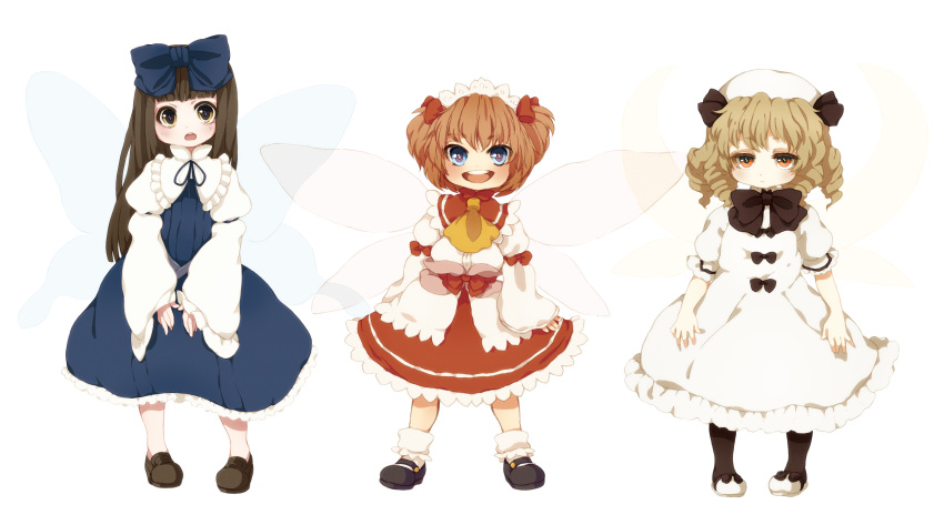 absurdres ascot blonde_hair blue_eyes blush bow brown_hair child dress drill_hair hair_bow hat highres loafers luna_child mary_janes multiple_girls orange_eyes orange_hair pepepo shoes star_sapphire sunny_milk touhou wings