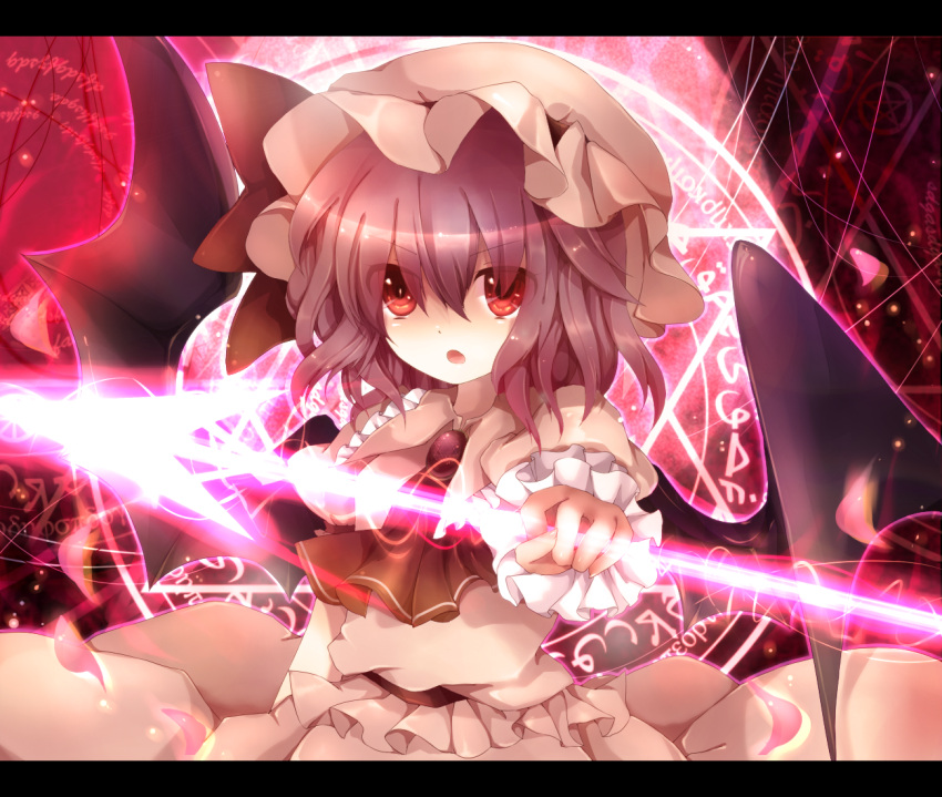 :o artist_request bat_wings blue_hair dress hat highres letterboxed magic_circle maho_moco open_mouth petals red_eyes remilia_scarlet ribbon short_hair solo spear_the_gungnir touhou weapon wings