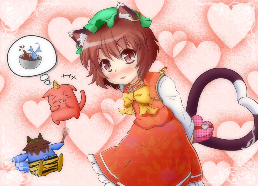 &gt;_&lt; animal_ears blue_oni blush bowtie brown_eyes brown_hair cat_ears cat_tail chen chocolate earrings gift hat heart heart_tail heart_tails holding holding_gift horn jewelry marimo_inu multiple_tails object_behind_back oni red_oni solo spoken_animal spoken_food sprinkles tail tiger_print touhou valentine