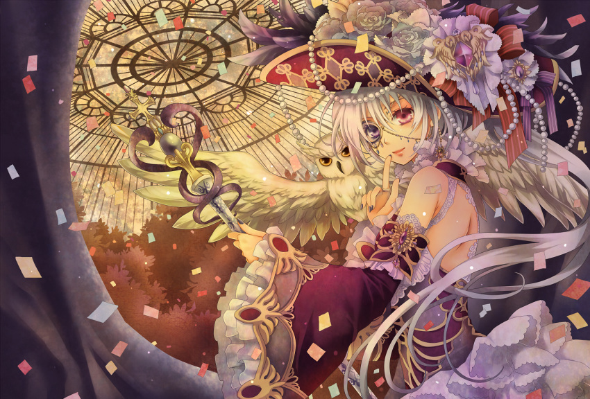 animal bare_shoulders bicolored_eyes bird confetti decorations detached_sleeves earrings finger_to_mouth flower flowers flying_paper hat hat_flower heterochromia highres jewelry light_smile nitou_akane original owl paper pearl pink_eyes purple_eyes ring rose solo staff white_hair white_rose