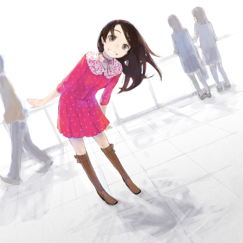 boots brown_eyes brown_hair casual character_request copyright_request dress dutch_angle grin highres leaning_forward long_hair nimirom polka_dot school_uniform smile solo source_request street