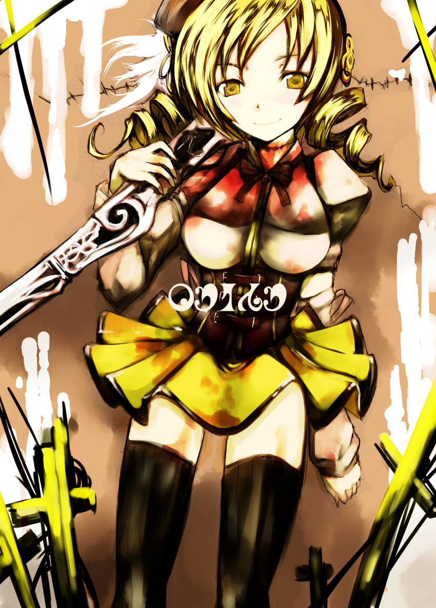 beret blonde_hair blood boots breasts brown_legwear corset detached_sleeves drill_hair fingerless_gloves gloves gun hair_ornament hairpin hat highres kae_(artist) large_breasts madoka_runes magical_girl magical_musket mahou_shoujo_madoka_magica pleated_skirt puffy_sleeves ribbon rifle skirt smile solo taut_shirt thigh-highs thighhighs tomoe_mami twin_drills vertical-striped_legwear vertical_stripes weapon witch's_labyrinth yellow_eyes zettai_ryouiki