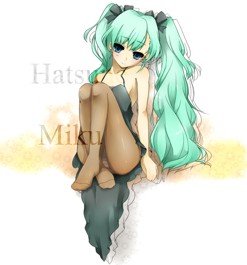 aqua_hair bare_shoulders blue_eyes blush colored feet fira_yuki hair_ribbon hatsune_miku highres legs long_hair pantyhose ribbon sitting smile solo twintails vocaloid