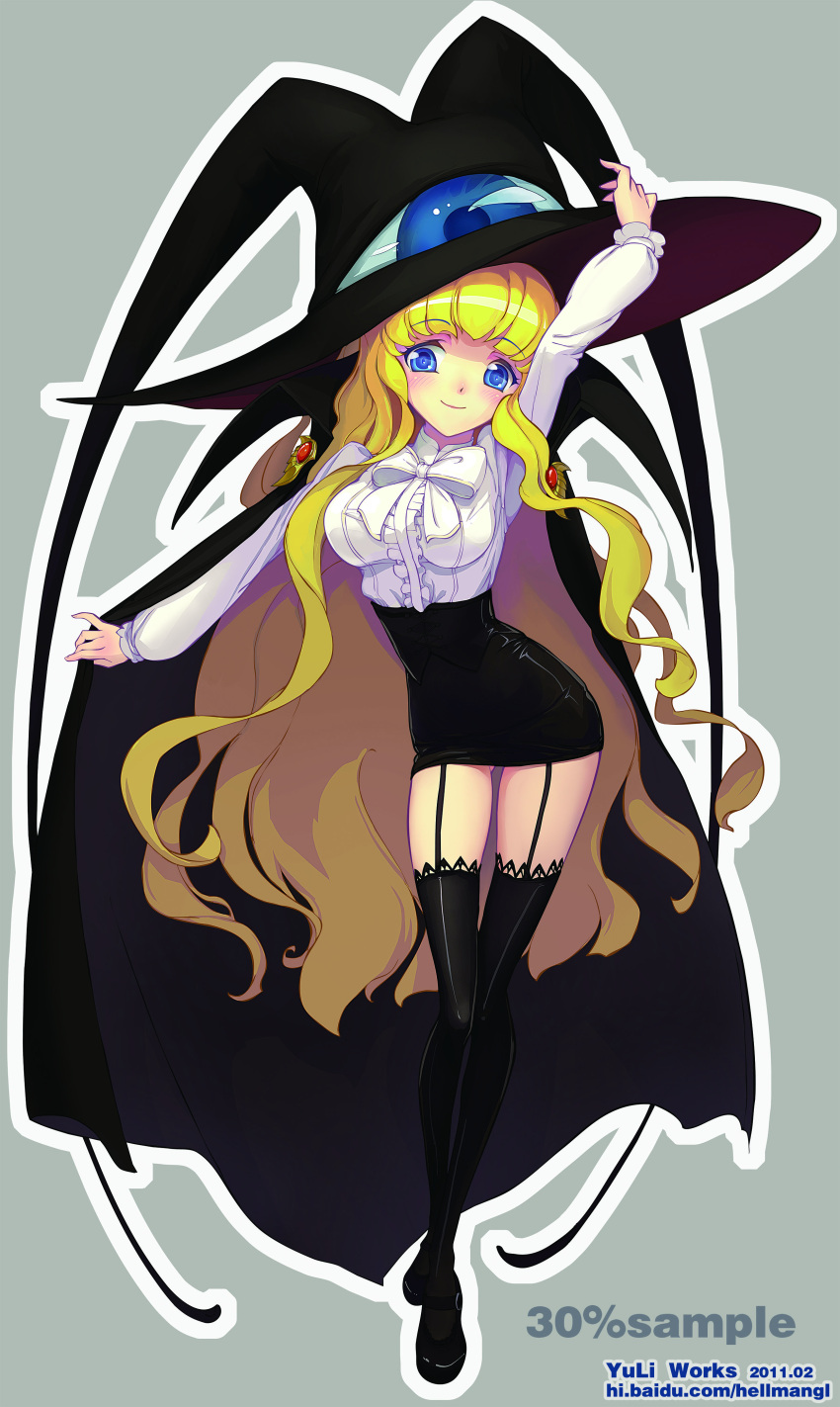 bad_id black_legwear black_thighhighs blonde_hair blue_eyes cape hat highres lilith long_hair mary_janes shoes solo thigh-highs thighhighs witch_hat yami_to_boushi_to_hon_no_tabibito yu_li