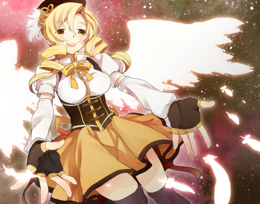 :d angel_wings blonde_hair drill_hair feathers fingerless_gloves gloves glowing hama_(sleeps) hat highres mahou_shoujo_madoka_magica open_mouth outstretched_arms outstretched_hand smile solo tears thigh-highs thighhighs tomoe_mami wings yellow_eyes