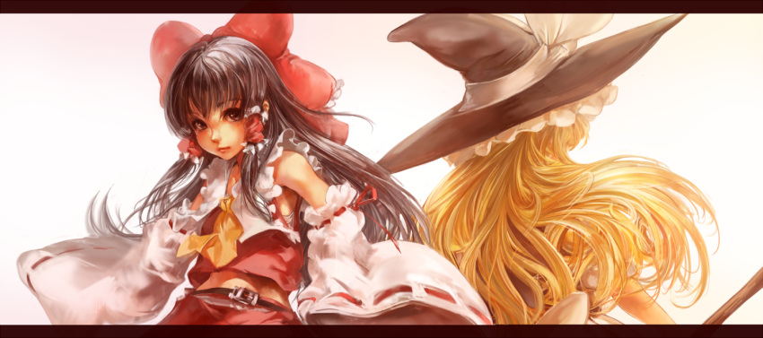 ascot back-to-back bare_shoulders belt blonde_hair bow broom brown_eyes brown_hair bust face from_behind hair_bow hakurei_reimu hat himazin kirisame_marisa letterboxed lips long_hair long_image looking_at_viewer multiple_girls sachito touhou wide_image wide_sleeves witch witch_hat