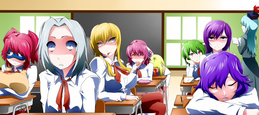 absurdres alternate_costume blindfold blonde_hair breasts contemporary eating green_hair hair_bobbles hair_ornament highres hijiri_byakuren hoshiguma_yuugi huge_breasts kamishirasawa_keine kazami_yuuka large_breasts long_hair mattari_yufi miraisen multiple_girls onozuka_komachi pink_hair purple_hair red_eyes red_hair redhead saigyouji_yuyuko school_uniform shaded_face short_hair silver_hair sleep_mask sleeping thighhighs touhou twintails yagokoro_eirin yakumo_yukari yasaka_kanako yellow_eyes youkai