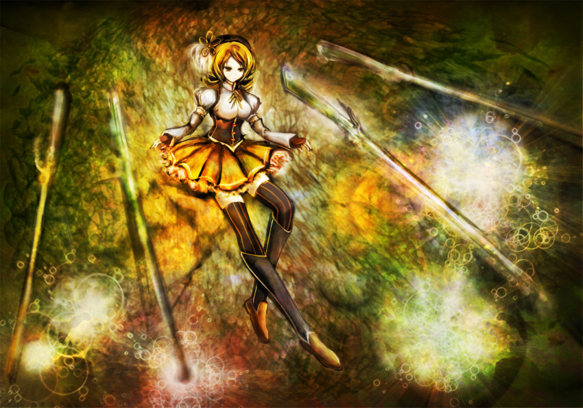 bad_id beret blonde_hair boots breasts brown_legwear corset detached_sleeves dress drill_hair fingerless_gloves gloves gun hair_ornament hairpin hat highres large_breasts magical_girl magical_musket mahou_shoujo_madoka_magica pleated_skirt puffy_sleeves ribbon rifle skirt solo taut_shirt teropu thigh-highs thighhighs tomoe_mami twin_drills vertical-striped_legwear vertical_stripes weapon zettai_ryouiki