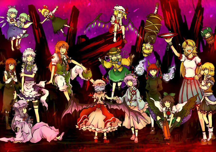 arm_cannon blonde_hair cirno daiyousei damaged dirty flandre_scarlet grin handshake hat head_bump heart highres hong_meiling horn hoshiguma_yuugi izayoi_sakuya kaenbyou_rin kisume koakuma komeiji_koishi komeiji_satori kurodani_yamame maid maid_headdress mizuhashi_parsee multiple_girls patchouli_knowledge reiuji_utsuho remilia_scarlet rumia sakazuki sake smile subterranean_animism teeth the_embodiment_of_scarlet_devil torn_clothes touhou truce weapon yagimiwa youkai