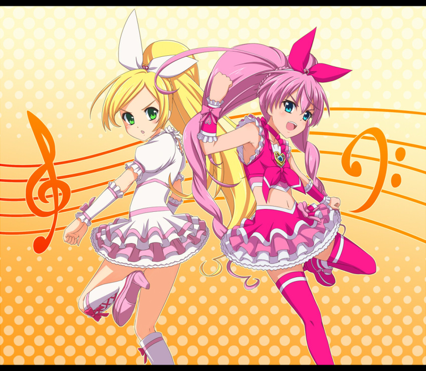 bass_clef blonde_hair blush boots bow brooch cure_melody cure_rhythm dress green_eyes heart houjou_hibiki jewelry long_hair magical_girl midriff minamino_kanade musical_note navel open_mouth pink_hair ponytail precure s-no skirt staff_(music) suite_precure thigh-highs thighhighs treble_clef twintails very_long_hair wrist_cuffs