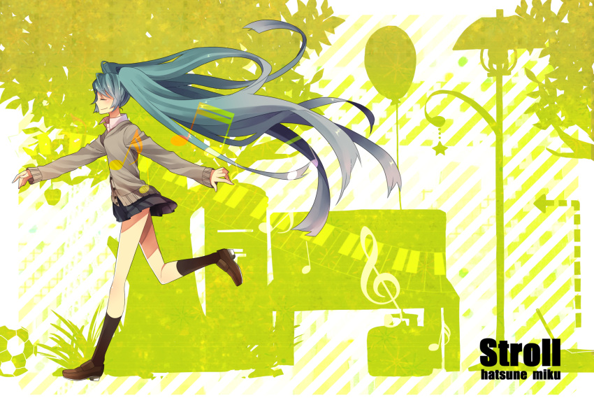 balloon blue_hair closed_eyes football green hatsune_miku highres musical_notes shoes skirt smile socks treble_clef twintails very_long_hair vocaloid walking