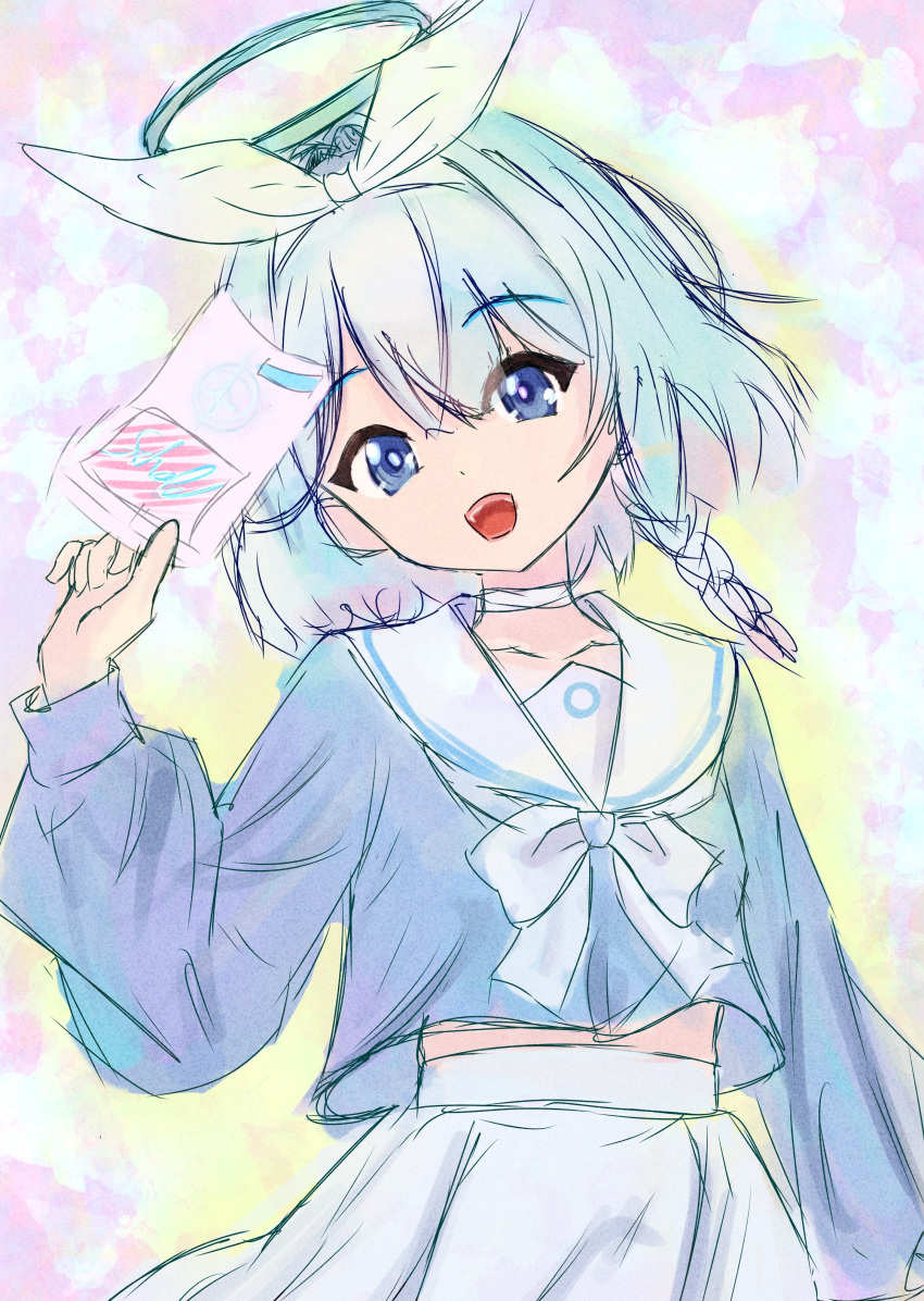 1girl absurdres arona_(blue_archive) blue_archive blue_eyes blue_hair blue_shirt bow bow_hairband bowtie braid choker commentary_request envelope f_luorit_e hairband halo highres holding holding_envelope holding_paper long_sleeves looking_at_viewer midriff_peek multicolored_hair open_mouth paper pink_hair puffy_long_sleeves puffy_sleeves sailor_collar school_uniform serafuku shirt short_hair single_braid sketch skirt smile solo white_bow white_bowtie white_choker white_hairband white_sailor_collar white_skirt