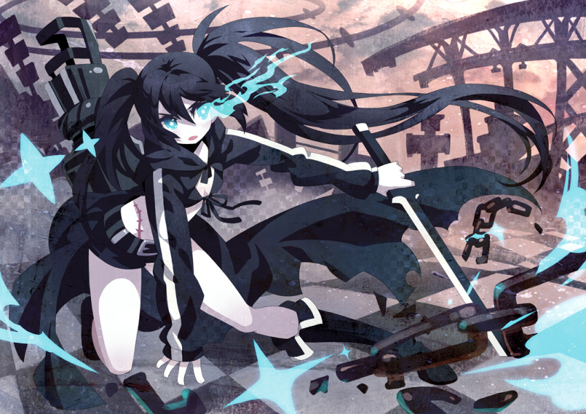 bf's_ok_farm bf's_ok_farm bf._(sogogiching) bikini_top black_hair black_rock_shooter black_rock_shooter_(character) blue_eyes boots chain chains front-tie_top glowing glowing_eye hooded_jacket hoodie long_hair pale_skin scar short_shorts shorts solo sword symbol-shaped_pupils twintails very_long_hair weapon