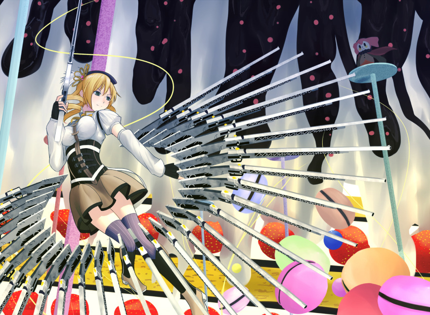 blonde_hair boots breasts brown_legwear candy charlotte_(madoka_magica) corset detached_sleeves drill_hair fingerless_gloves food fruit gloves green_eyes gun hair_ornament hairpin hat highres large_breasts magical_girl magical_musket mahou_shoujo_madoka_magica pleated_skirt puffy_sleeves ribbon rifle shinbee skirt smile strawberry taut_shirt thigh-highs thighhighs tomoe_mami too_many twin_drills vertical-striped_legwear vertical_stripes weapon zettai_ryouiki