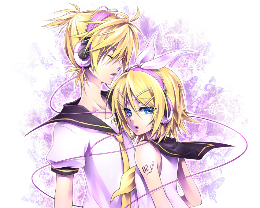 blue_eyes cable closed_eyes hair_ornament hairclip headphones highres kagamine_len kagamine_rin looking_back migikata_no_chou_(vocaloid) open_mouth purple ribbon sailor_collar school_uniform short_hair siblings tattoo twins ueno_tsuki vocaloid