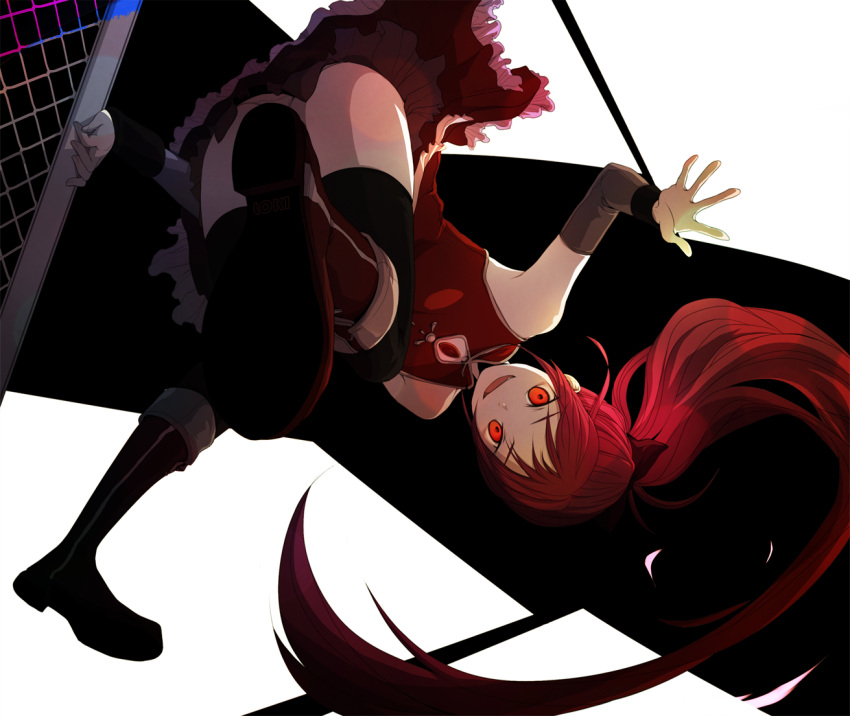 bad_id bare_shoulders black_legwear black_thighhighs boots chainlink_fence fence grin highres kimloki long_hair mahou_shoujo_madoka_magica outstretched_hand panties pantyshot ponytail red_eyes red_hair redhead sakura_kyouko smile solo thigh-highs thighhighs underwear upside-down upskirt very_long_hair white