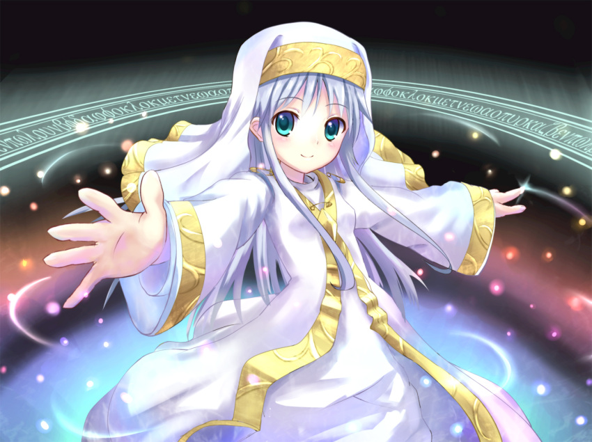 aqua_eyes blush habit index long_hair looking_at_viewer magic_circle more moremoremorerin morerin nun outstretched_arms outstretched_hand robe safety_pin silver_hair smile solo spread_arms to_aru_majutsu_no_index