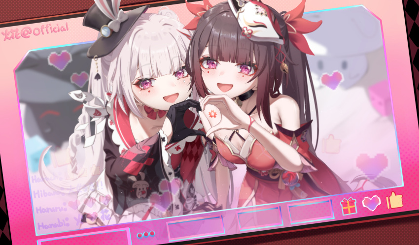 2girls absurdres aha_(honkai:_star_rail) bell black_gloves black_hat blunt_bangs braid breasts butterfly-shaped_pupils choker clothing_cutout commentary_request detached_sleeves facial_mark flower fox_mask frilled_sleeves frills gloves gun hair_intakes harurunoe hat hat_ornament heart heart_hands heart_hands_duo highres honkai:_star_rail honkai_(series) long_hair mark_under_both_eyes mask mask_on_head mini_hat mini_top_hat multicolored_hair multiple_girls o-ring o-ring_choker obi open_mouth pink_background pink_eyes plum_blossoms poker rabbit_ear_headwear rabbit_hat_ornament sash shoulder_cutout single_glove sparkle_(honkai:_star_rail) sparxie_(honkai:_star_rail) streaked_hair symbol-shaped_pupils top_hat twintails very_long_hair weapon white_hair