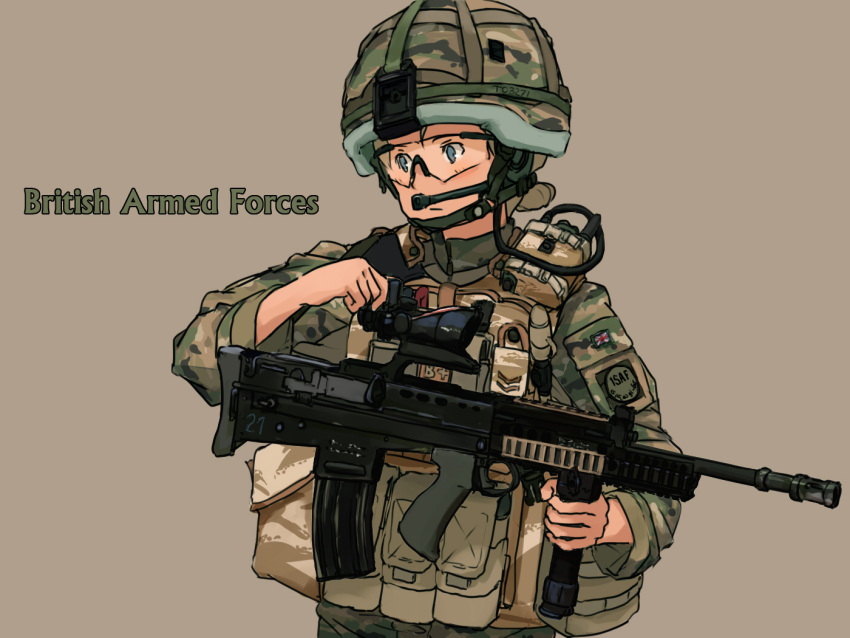 assault_rifle blue_eyes bullpup glock23 goggles gun headset isaf jtf l85 l85a2 military military_uniform rifle shibafu_(glock23) soldier solo uniform union_jack vertical_foregrip weapon