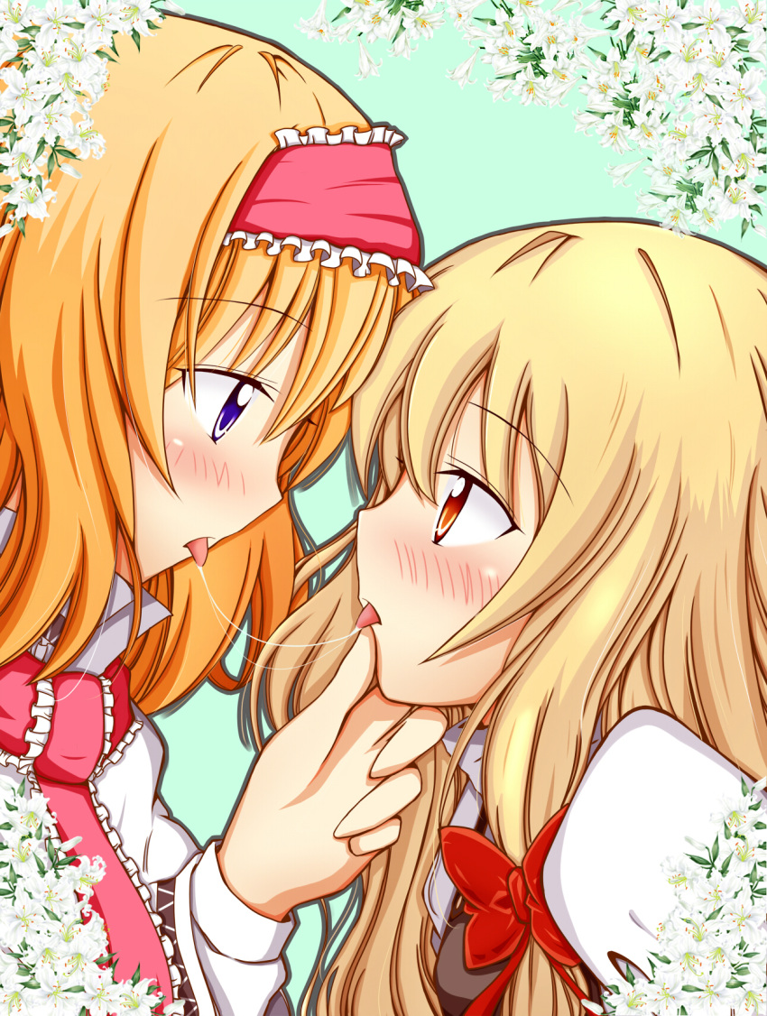 alice_margatroid blonde_hair blue_eyes blush brown_eyes face-to-face face_to_face hairband hand_on_another's_face hand_to_face highres kirisame_marisa saliva saliva_trail tongue tongue_out touhou yuri