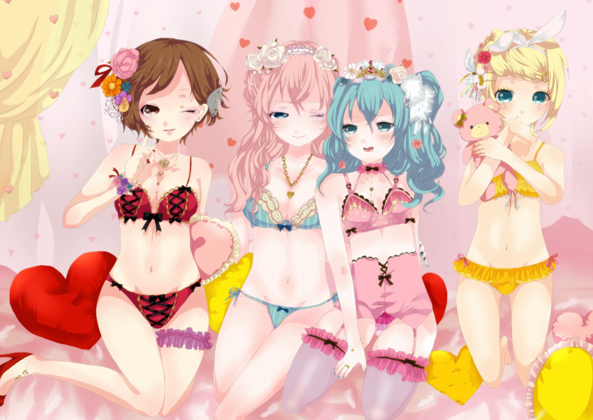 aqua_eyes aqua_hair bad_id blonde_hair bra bracelet brown_eyes brown_hair cushion earrings flower garter_straps garters hair_flower hair_ornament hair_ribbon hatsune_miku heart highres jewelry kagamine_rin koume_keita lingerie megurine_luka meiko multiple_girls nail_polish navel necklace panties pink_hair ribbon ring side-tie_panties sitting stuffed_animal stuffed_toy teddy_bear thigh-highs thighhighs underwear vocaloid wink