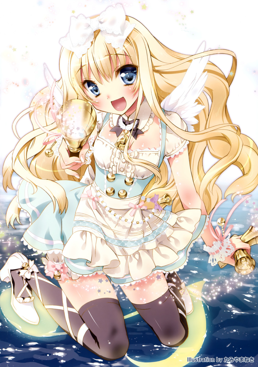 absurdres angel_wings ankle_lace-up bell black_legwear blonde_hair blue_eyes blush body_blush bow copyright_request cross-laced_footwear hair_bow highres kamiya_maneki long_hair looking_at_viewer open_mouth pearl_necklace skirt smile solo thigh-highs thighhighs water wings