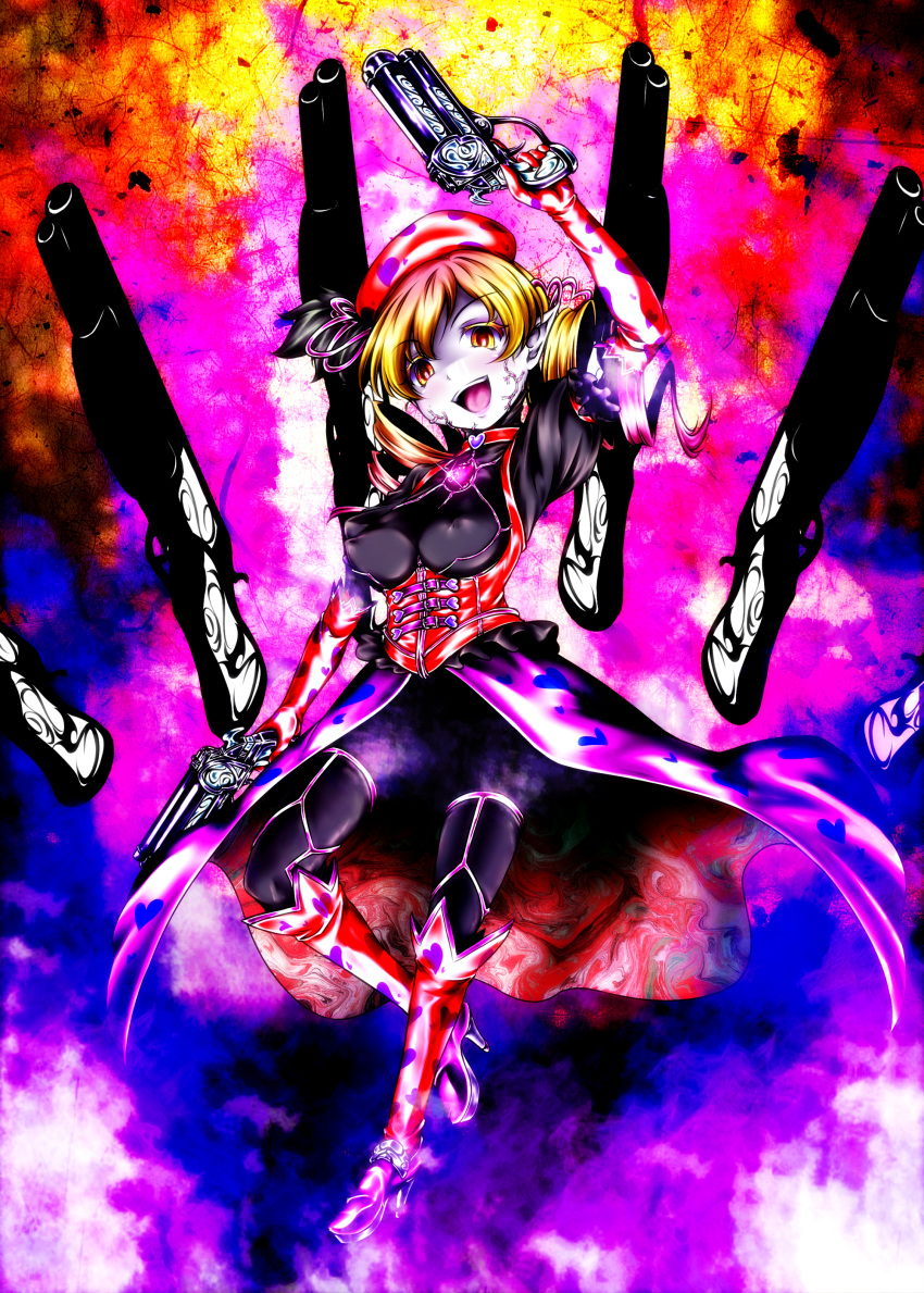 absurdres alternate_color alternate_costume arm_up beret blonde_hair boots colored_eyelashes corruption dark_persona drill_hair dual_wielding erect_nipples eyelashes gradient_hair gun hat highres magical_musket mahou_shoujo_madoka_magica multicolored_hair open_mouth pale_skin pistol pointy_ears rifle shotgun smile solo tomoe_mami twin_drills veins weapon witch's_labyrinth yellow_eyes yuzu_momo
