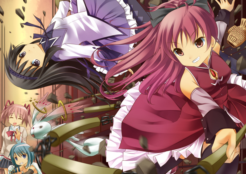 akemi_homura bare_shoulders beating black_hair blue_hair detached_sleeves food grin highres jumping kaname_madoka kyubey kyuubee long_hair mahou_shoujo_madoka_magica miki_sayaka motion_blur multiple_girls onaka_sukisuki pantyhose pink_hair sakura_kyouko school_uniform seifuku short_hair smile taiyaki twintails wagashi weapon