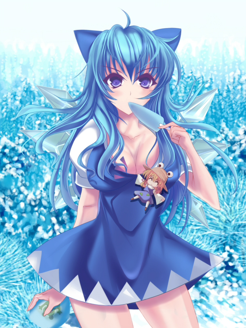 adult blue_eyes blue_hair bow breasts chibi cirno cirno-nee cleavage food frog frozen hair_bow highres ice_cream long_hair marionette_(excle) minigirl moriya_suwako multiple_girls popsicle touhou wings