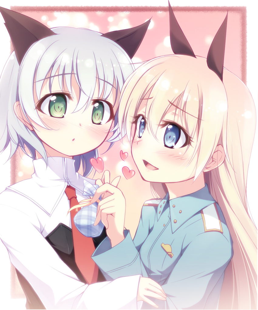 :d :o animal_ears arm_grab bad_id bangs blonde_hair blue_eyes blush bust eila_ilmatar_juutilainen embarrassed eye_contact flat_chest gift green_eyes heart highres holding holding_gift kazakura long_hair looking_at_another military military_uniform multiple_girls necktie open_mouth plaid sanya_v_litvyak short_hair silver_hair smile strike_witches surprised turtleneck uniform yuri