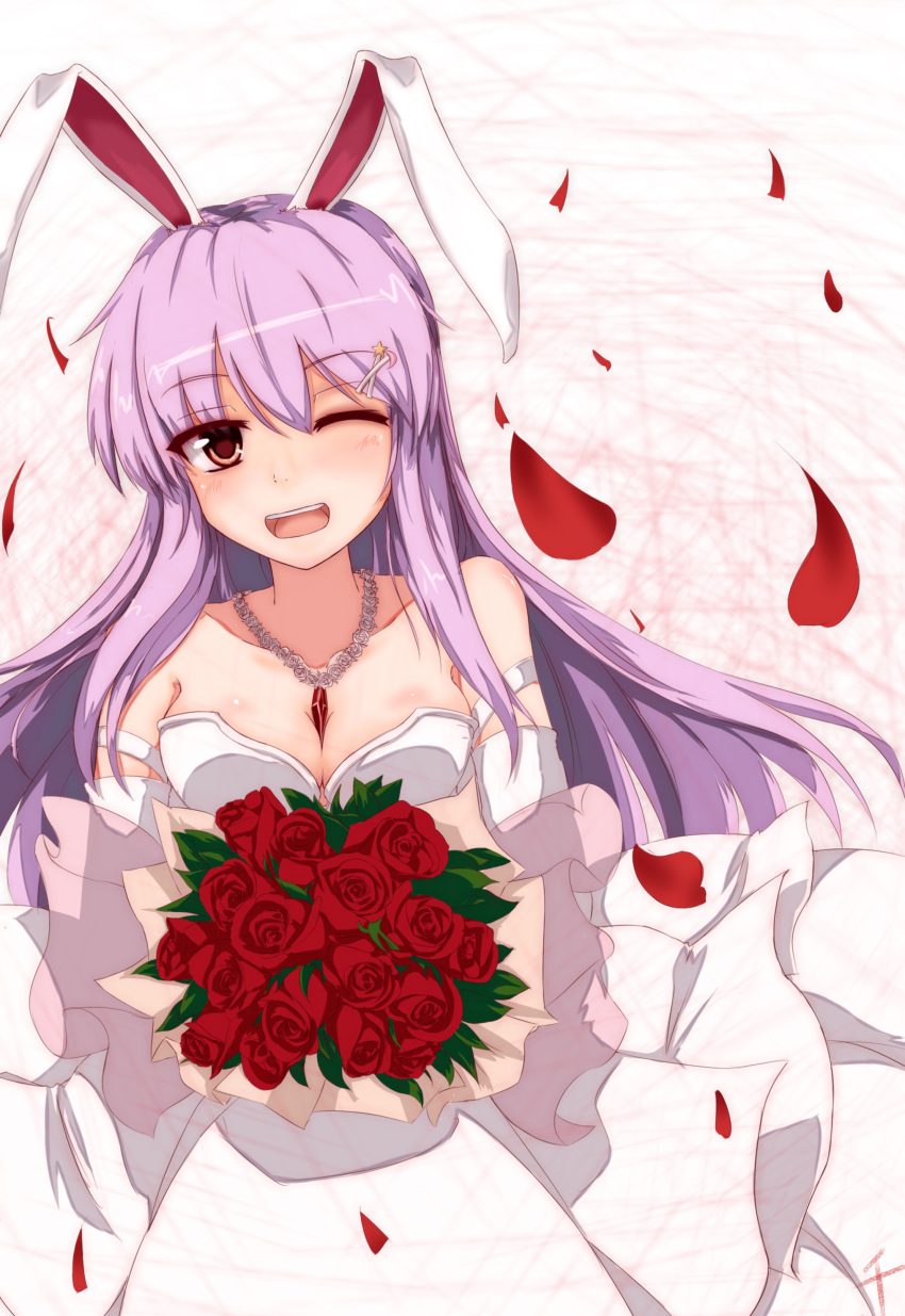 absurdres animal_ears bare_shoulders bouquet breasts bunny_ears cleavage dedeyong dress elbow_gloves flower gloves hair_ornament hairclip highres jewelry long_hair necktie pendant petals purple_hair red_eyes red_rose reisen_udongein_inaba rose rose_petals solo touhou wedding_dress wink