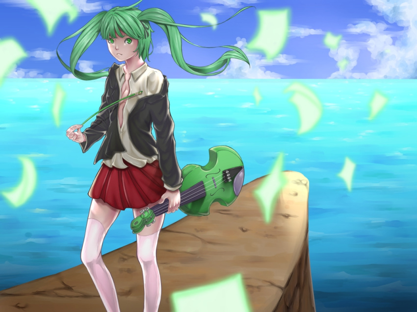 cleavage clouds green_eyes green_hair hatsune_miku jacket pleated_skirt sea sky thigh_highs violin vocaloid water