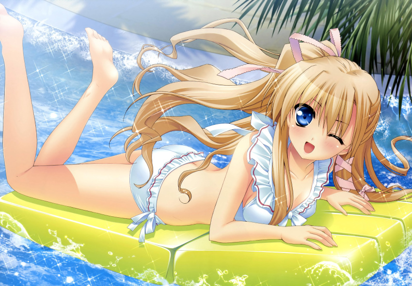 akashi_kokoro bikini blonde_hair blue_eyes highres long_hair lying minase_lin open_mouth orange_memories solo swimsuit wink