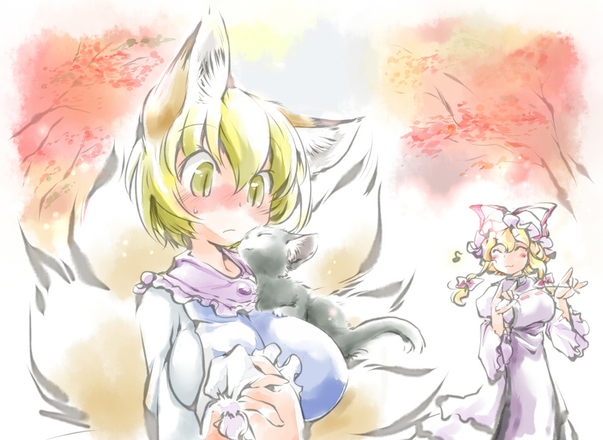 ^_^ animal animal_ears blonde_hair blush breasts cat cattail chen chen_(cat) closed_eyes fox_ears fox_tail foxgirl hands_clasped hat hat_removed hat_ribbon headwear_removed highres ikuta_takanon large_breasts multiple_girls multiple_tails pinky_out plant ribbon slit_pupils stare sweatdrop tail touhou yakumo_ran yakumo_yukari